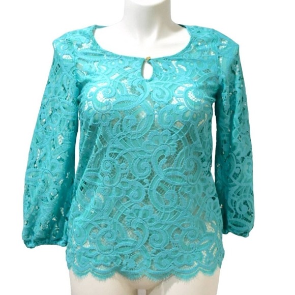 LILI PULITZER  turquoise long sleeve lace top / shirt/ blouse, size small - Picture 1 of 3